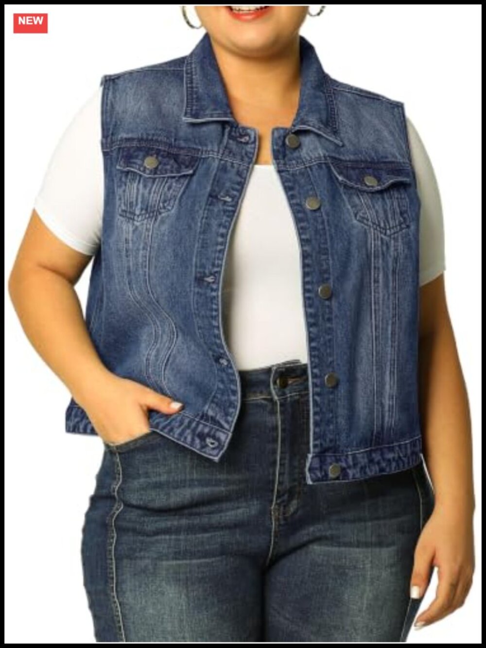 Women's Sleeveless Denim Vest Cropped Jean Jacket with Flap Pockets Plus Size